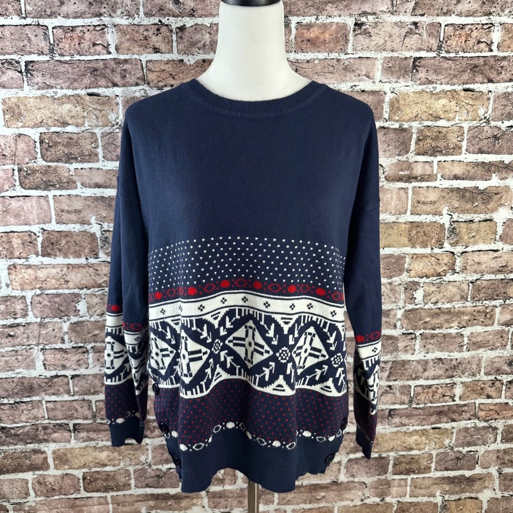 IZOD Women's Blue Nordic Fair Isle Knit Button Cardigan‎ Sweater Size L G